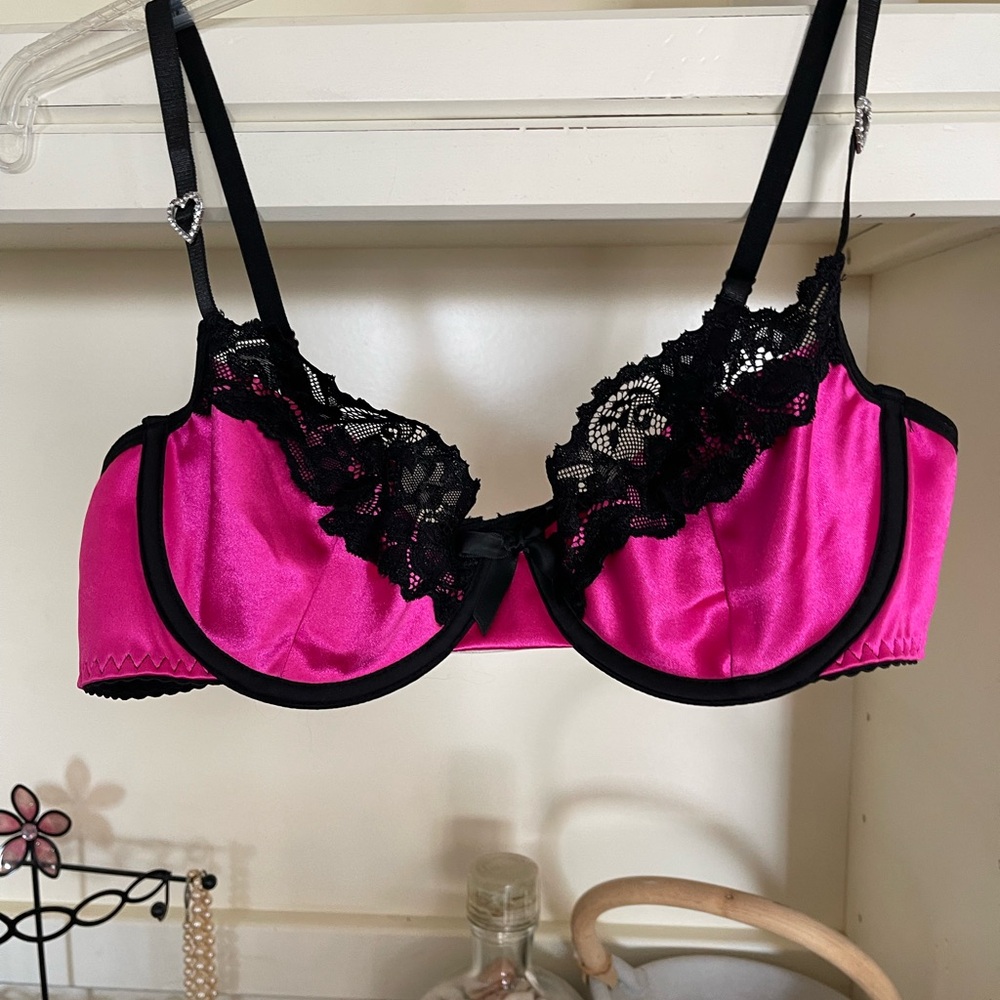 Pink and Black Lace Trim Bra